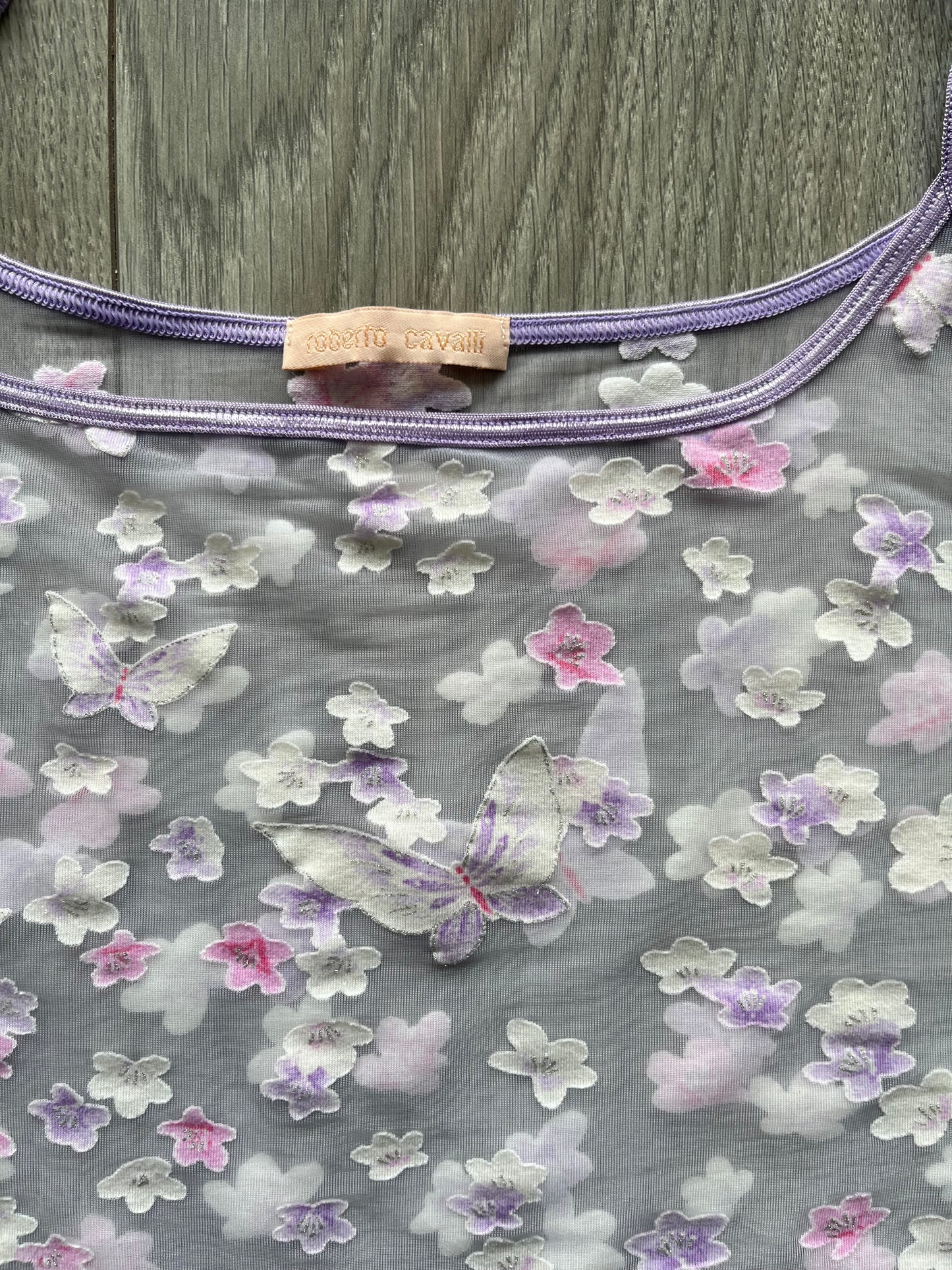 Roberto Cavalli purple see-through butterfly and florals camisole