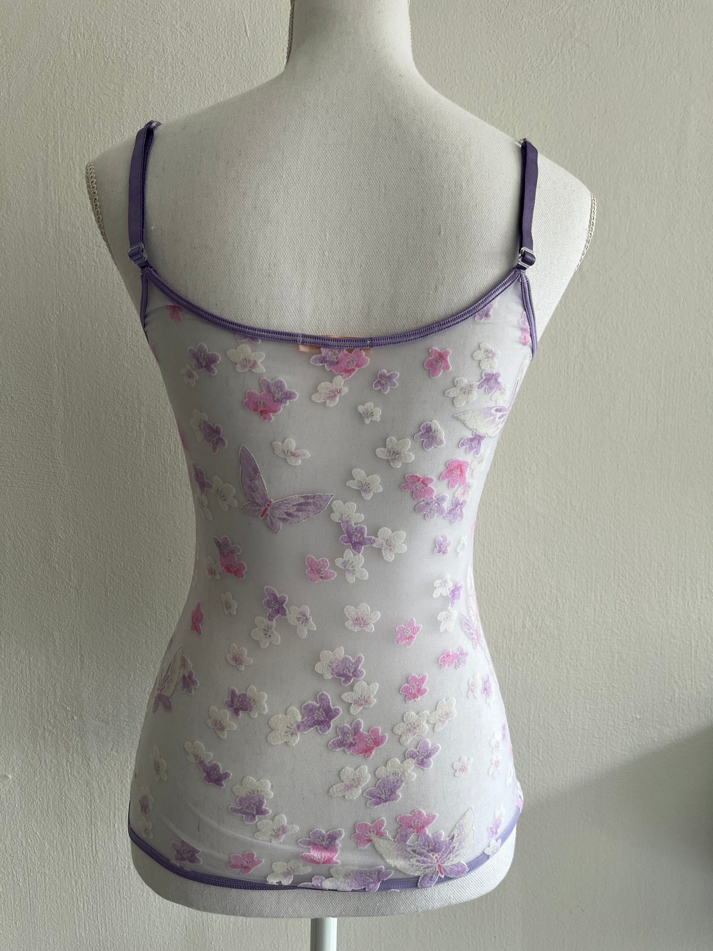 Roberto Cavalli purple see-through butterfly and florals camisole