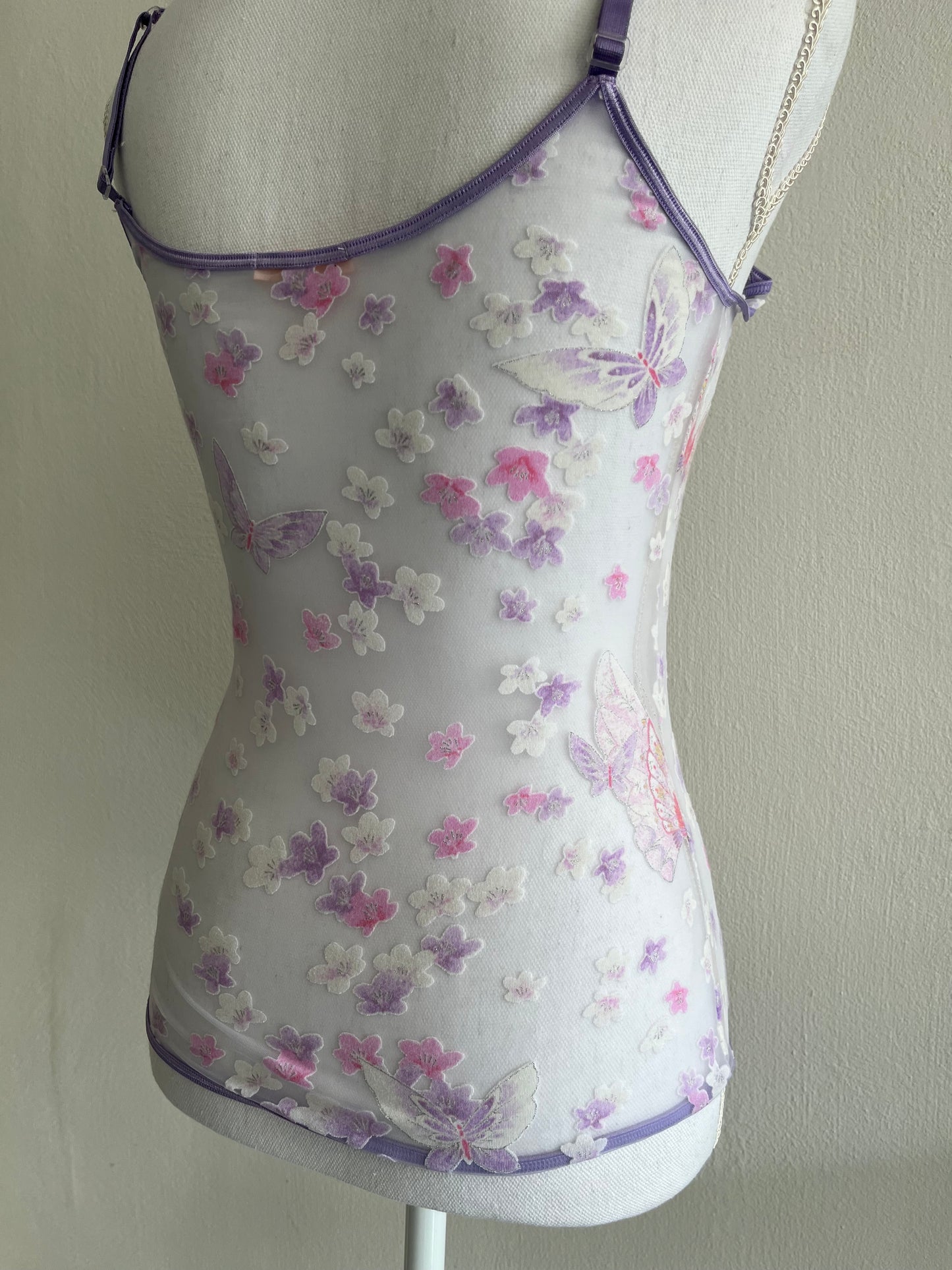 Roberto Cavalli purple see-through butterfly and florals camisole