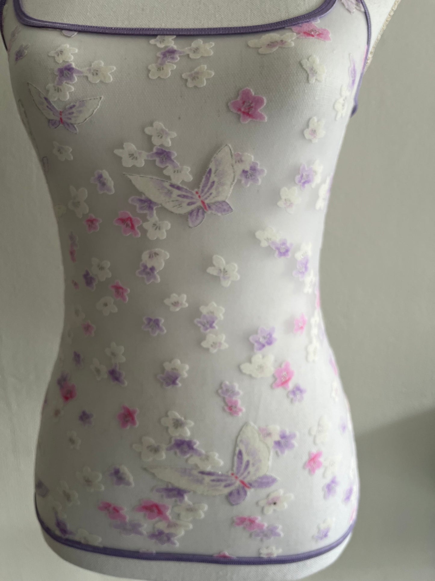 Roberto Cavalli purple see-through butterfly and florals camisole