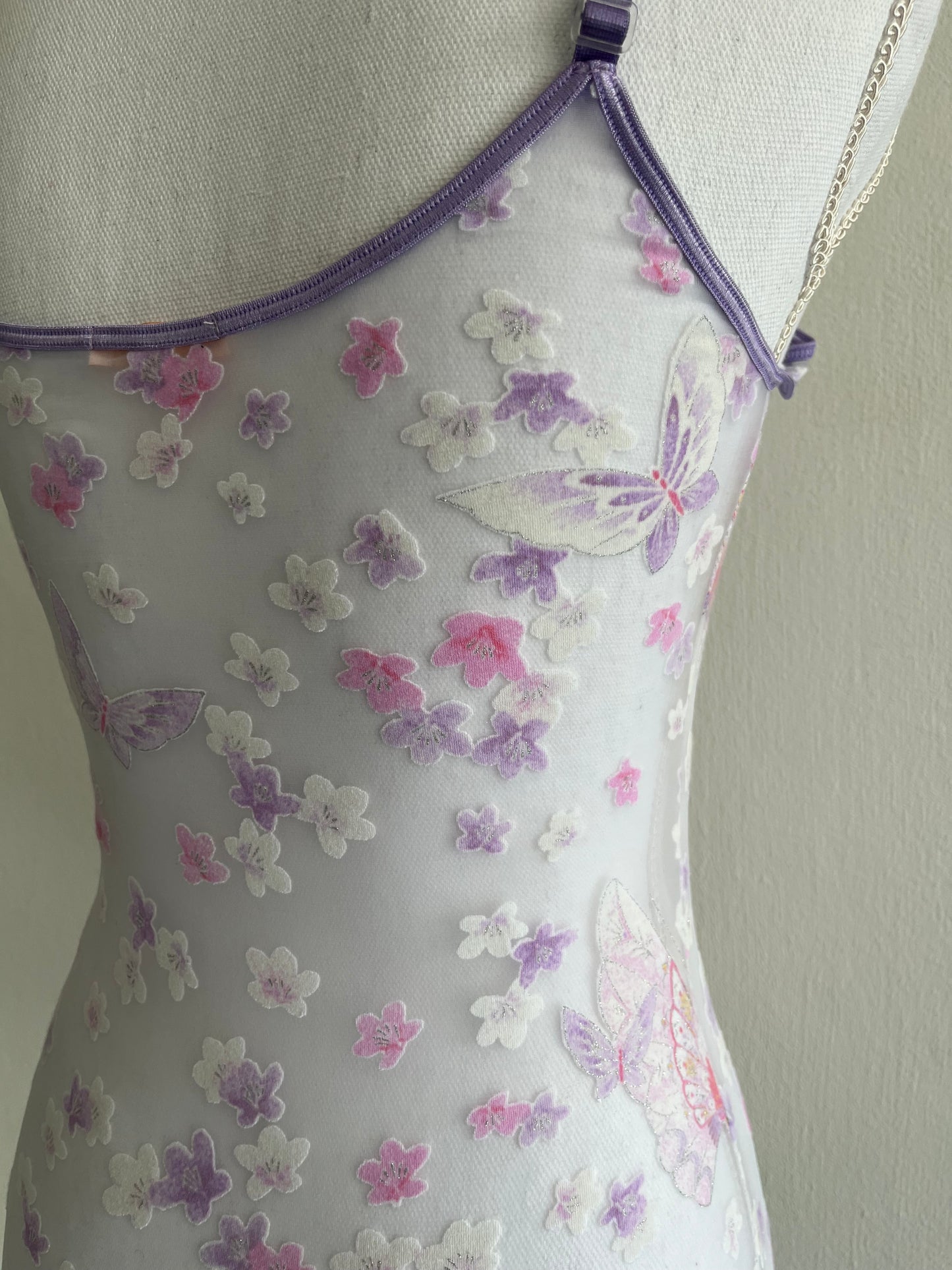 Roberto Cavalli purple see-through butterfly and florals camisole
