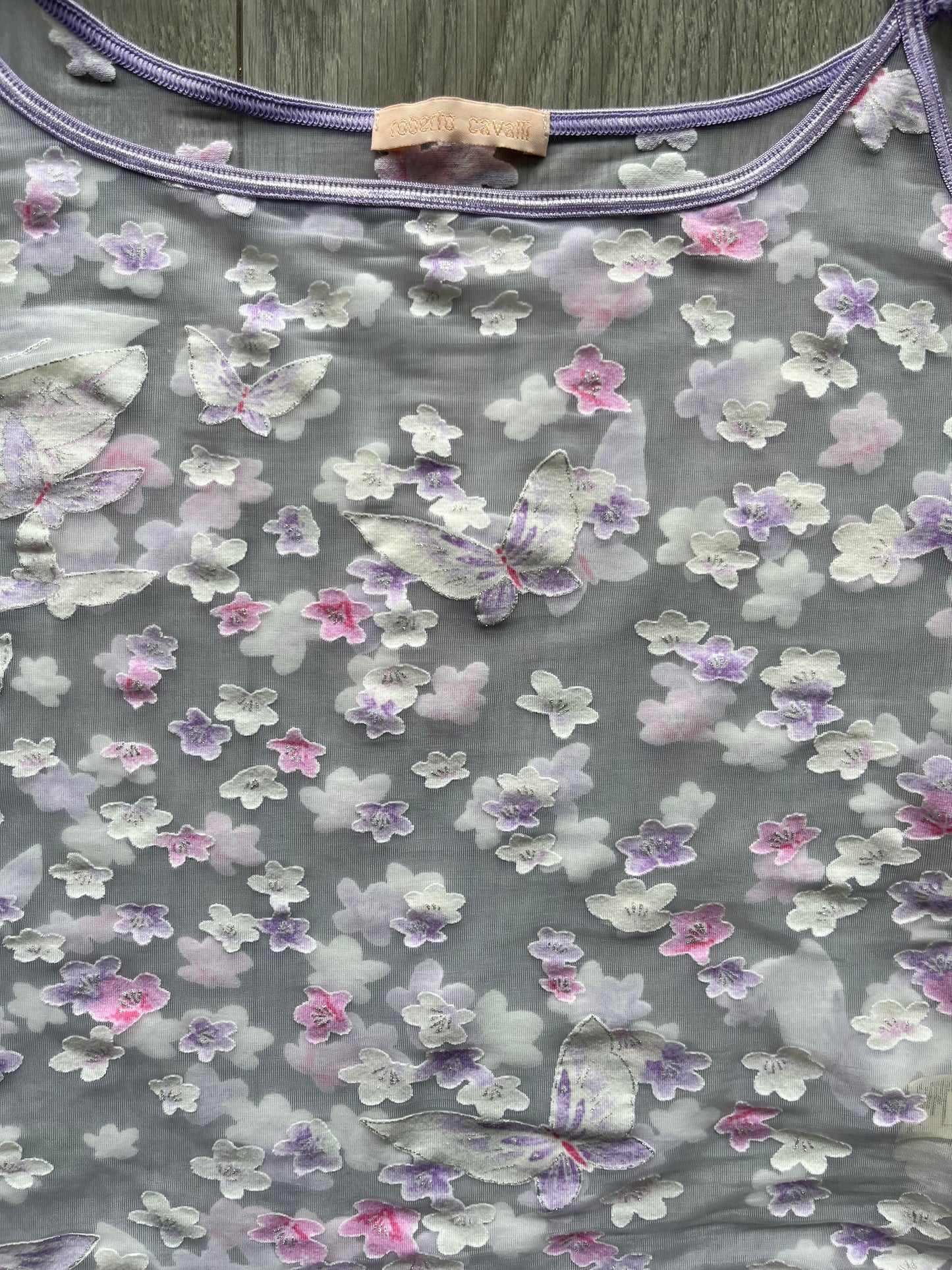 Roberto Cavalli purple see-through butterfly and florals camisole