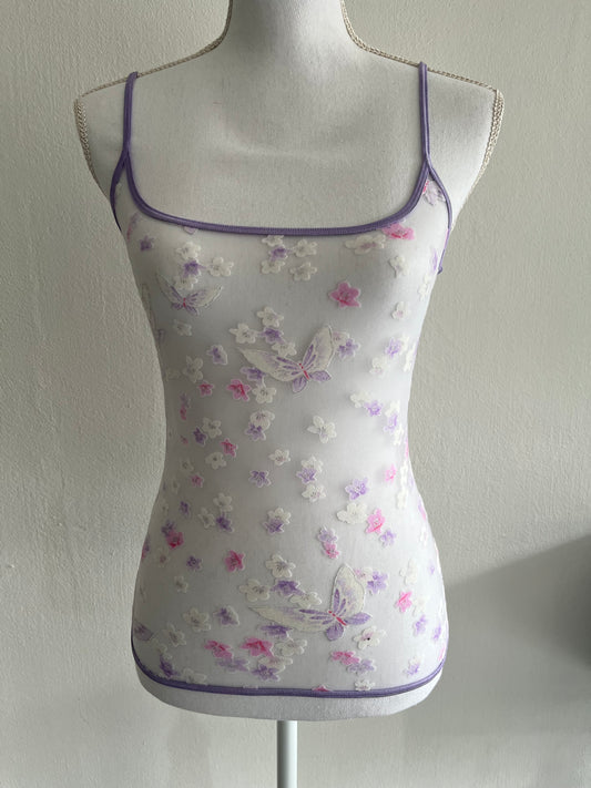 Roberto Cavalli purple see-through butterfly and florals camisole