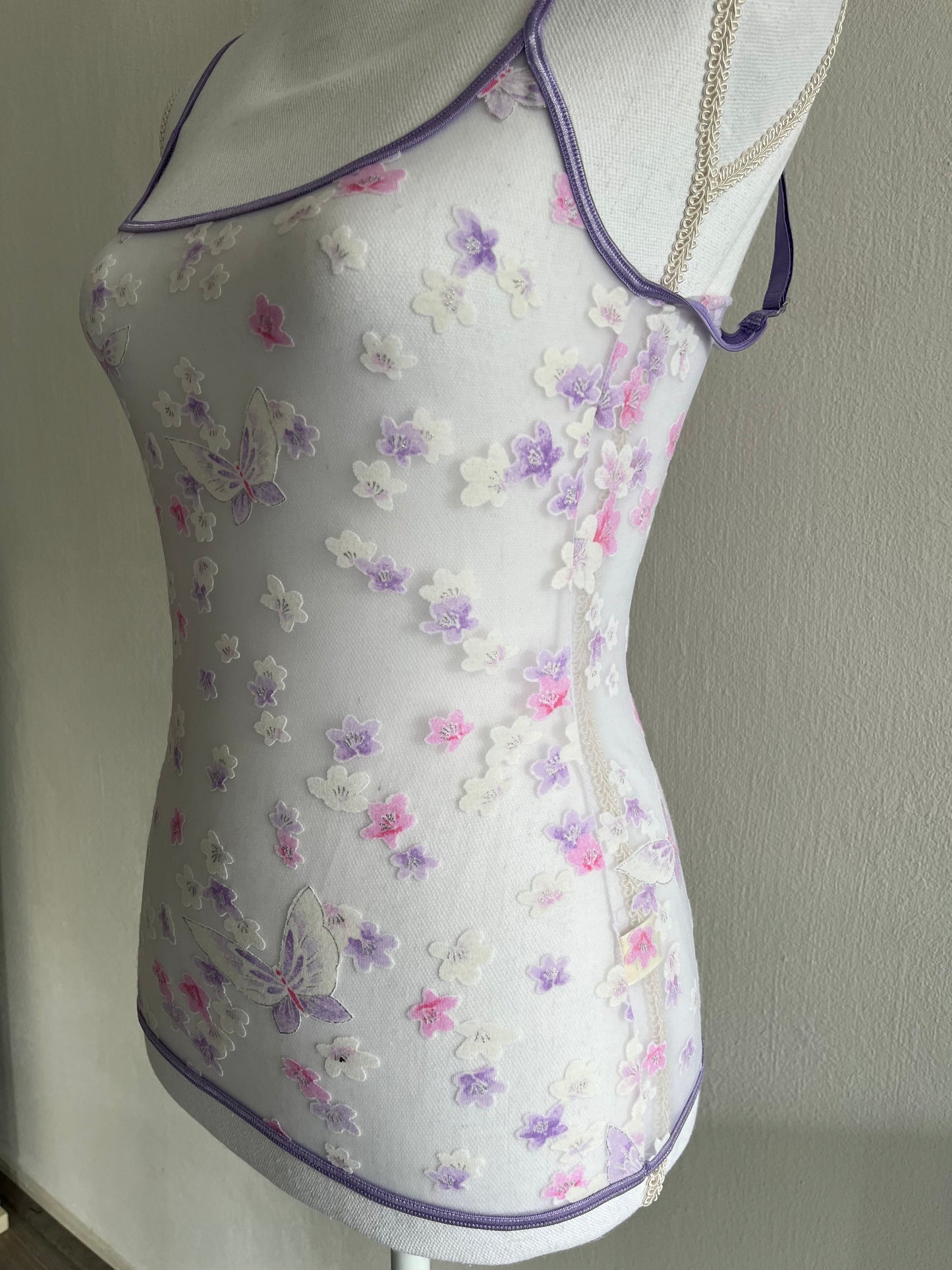 Roberto Cavalli purple see-through butterfly and florals camisole
